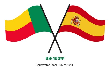 Benin and Spain Flags Crossed And Waving Flat Style. Official Proportion. Correct Colors.