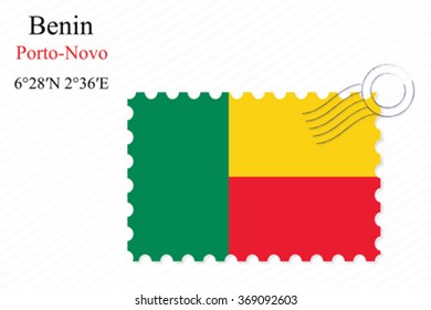 benin stamp design over stripy background, abstract vector art illustration, image contains transparency