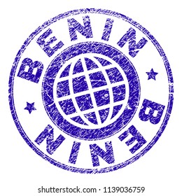 BENIN stamp imprint with grunge texture. Blue vector rubber seal imprint of BENIN tag with grunge texture. Seal has words arranged by circle and globe symbol.