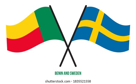 Benin and Sweden Flags Crossed And Waving Flat Style. Official Proportion. Correct Colors.