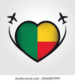 Benin Travel Heart Flag With Airplane Icons