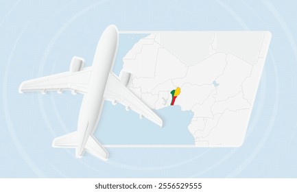 Benin Travel Illustration with Plane and National Flag. Ideal for travel agencies, promotional materials, or geographic content related to Benin.