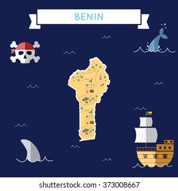 Benin treasure map in flat design. Colorful cartoon treasure map of Benin with flat design icons of pirate ship and jolly roger. Benin flat design vector illustration.
