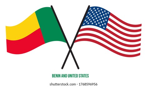 Benin and United States Flags Crossed And Waving Flat Style. Official Proportion. Correct Colors.