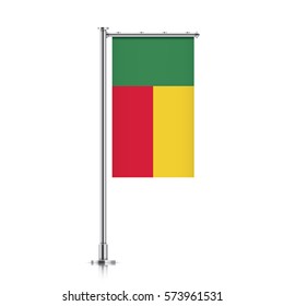 Benin vector banner flag hanging on a silver metallic pole. Vertical Benin flag template isolated on a white background.