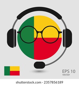 Benin vector flag with headphones and glasses, vector illustration. 