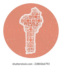 Benin-Vektorbild. Country Round Logo Design. Benin-Poster im Kreisstil und Wortwolke-Stil. Beeindruckende Vektorgrafik.