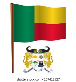 benin wavy flag and coat of arms against white background, vector art illustration, image contains transparency
