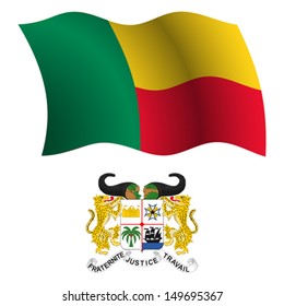 benin wavy flag and coat of arms against white background, vector art illustration, image contains transparency