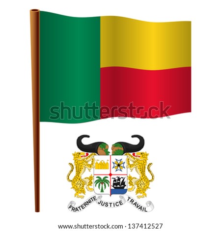 benin wavy flag and coat of arms against white background, vector art illustration, image contains transparency