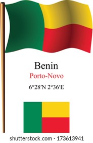 benin wavy flag and coordinates against white background, vector art illustration, image contains transparency