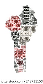 Benin Word Cloud. Country shape with region division. Benin typography style image. Region names tag clouds. Vector illustration.