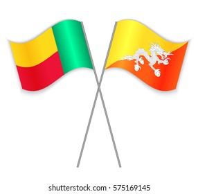 Beninese and Bhutanese crossed flags. Benin combined with Bhutan isolated on white. Language learning, international business or travel concept.