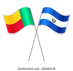 Beninese and Salvadoran crossed flags. Benin combined with El Salvador isolated on white. Language learning, international business or travel concept.