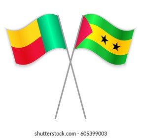 Beninese and Sao Tomean crossed flags. Benin combined with Sao Tome and Principe isolated on white. Language learning, international business or travel concept.