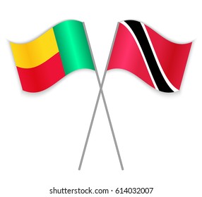 Beninese and Trinidadian crossed flags. Benin combined with Trinidad and Tobago isolated on white. Language learning, international business or travel concept.