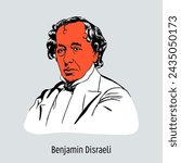 Benjamin Disraeli is a British statesman of the Conservative Party of Great Britain, Prime Minister of Great Britain, writer, and one of the representatives of the “social novel.” Hand drawn vector il