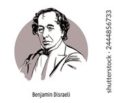 Benjamin Disraeli was a British statesman of the Conservative Party of Great Britain. Hand-drawn vector illustration