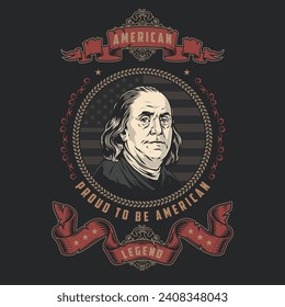 Cartel pintoresco de Benjamin Franklin con retrato de político de los Estados Unidos de América con decoraciones retro ilustración vectorial