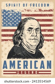 Benjamin Franklin colorful vintage poster with portrait of American legend who participated in signing of declaration of independence vector illustration