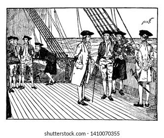 Benjamin Franklin on a ship on his way to France.,vintage line drawing or engraving illustration.