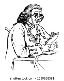 Benjamin Franklin was one Founding Fathers of United States of America glasses author inventors Political theorist Scientist thinking vintage line drawing or engraving illustration.