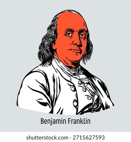 Benjamin Franklin war einer der Gründungsväter der Vereinigten Staaten, ein prominenter Wissenschaftler, Erfinder und Diplomat, der die Entwicklung des amerikanischen Staates beeinflusste. Handgezeichnete Illustration