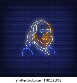 Benjamin Franklin silhouette neon sign. USA president, hundred dollar bill, declaration of independence. Vector illustration in neon style for festive banners, light billboards, 4th of July