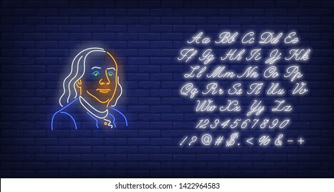 Benjamin Franklin silhouette neon sign. USA president, hundred dollar bill, declaration of independence. Vector illustration in neon style for festive banners, light billboards, 4th of July