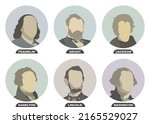 Benjamin Franklin, Ulysses S. Grant, Andrew Jackson, Alexander Hamilton, Abraham Lincoln and George Washington, politicians and Presidents of the United States of America. Stylized portraits set
