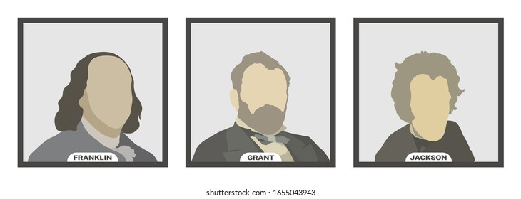 Benjamin Franklin, Ulysses S. Grant y Andrew Jackson, políticos y presidentes de los Estados Unidos de América. Retratos vectoriales estilizados sobre fondo blanco