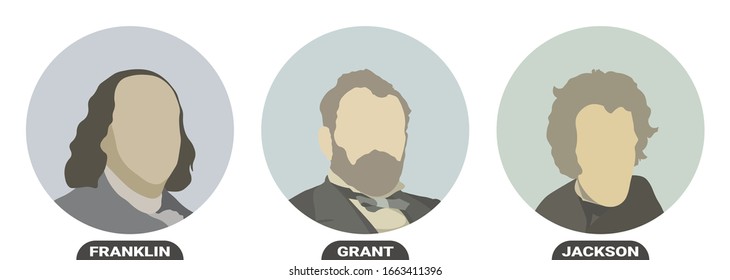 Benjamin Franklin, Ulysses S. Grant y Andrew Jackson, políticos y presidentes de los Estados Unidos de América. Retratos estilizados. Ilustración del vector sobre fondo blanco