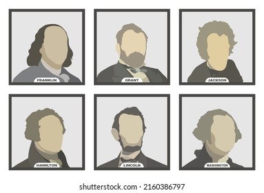 Benjamin Franklin, Ulysses S. Grant, Andrew Jackson, Alexander Hamilton, Abraham Lincoln and George Washington, politicians and Presidents of the United States of America. Stylized vector portraits