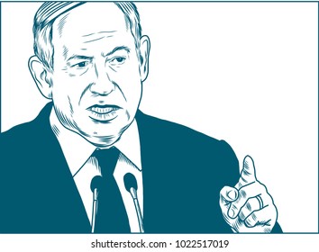 Benjamin Netanyahu. Vector Portrait Drawing Illustration. Febuary 11, 2018