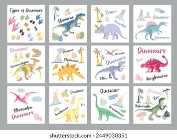 Juego de colores de dinosaurio de tarjeta Benner. Dinosaurios de Vector sobre fondo blanco. Caricaturas de Tyranosaurus Rex, Stegosaurus, Brachiosaurus, Triceratops y Pterodactyl.