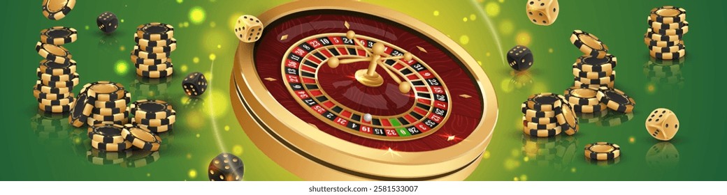 Benner with Golden casino roulette, wheel with black, gold poker chips, stacks of token, around on green background with reflection, lights. Vector illustration for design, advertising