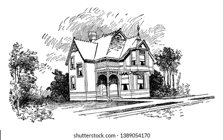 The Bennett, charming historic Bed, two-story building, King and queen accommodations, vintage line drawing or engraving illustration.