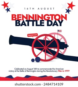 Bennington battle day. 16th August Bennington battle day banner, post with cannon, USA flag stars. The day recalls the victory of American and Vermont forces over British forces during war in 1777.