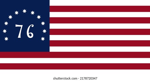 Bennington flag, American 76 flag features 13 stars and 13 stripes, Bennington flag is easily identified by a large 76 in the canton, recalling the year 1776.