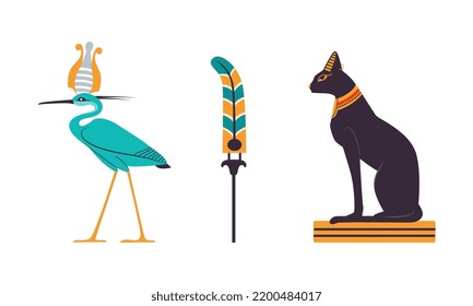 Bennu as Ancient Egyptian Deity and Black Bastet Cat Statue as Egypt Symbol Vector Set