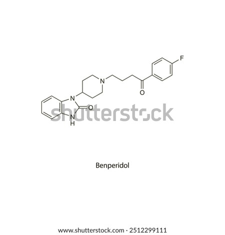 Benperidol flat skeletal molecular structure Antipsychotic drug used in deviant sexual behaviour treatment. Vector illustration scientific diagram.