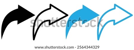 Bent arrow pointing right. Back arrow icon. Curved arrow share icon. Forward email arrow icon. Share symbol isolated. Vector illustration.