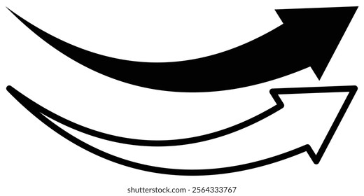 Bent arrow pointing right. Curved arrow sign. Curved or arch arrow icon.  