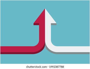 Bent arrow of two red and white ones merging on turquoise blue background. Partnership, merger, alliance and joining concept. 3D vector