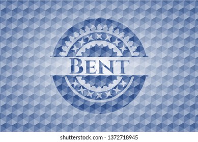Bent blue badge with geometric pattern.