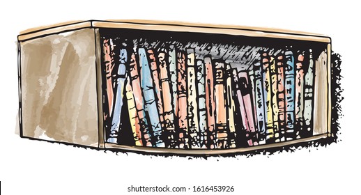 Bent bookshelf. Inc. Sketch markers. Drawn by hand. Isolated on white. Design for card, poster or wallpaper. There is an option in the vector.