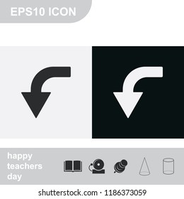 Bent down arrow flat black and white vector icon.