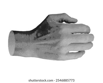 Bent fist with dorsal side showing, isolated in retro halftone dot style. Nostalgic 1990s inspired design symbolizing motion or communication. Vintage grunge texture in monochrome