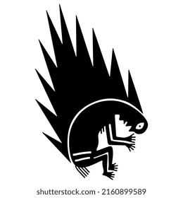 Bent human figure and fire flames. Black and white silhouette. Native American ethnic design f Mogollon Pueblo Indians. Mimbres pottery.