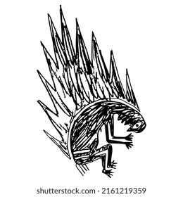 Una figura humana doblada y llamas de fuego. Diseño étnico nativo americano de indios Mogollon Pueblo. Cerámica de mimbre. Esbozo en bruto de doodle lineal dibujado a mano. Silueta blanca y negra.
